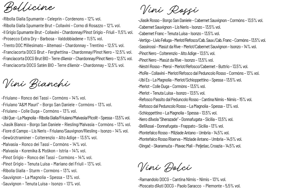 Menù Wein- & Getränkekarte – Osteria Sul Ronc Tarcento