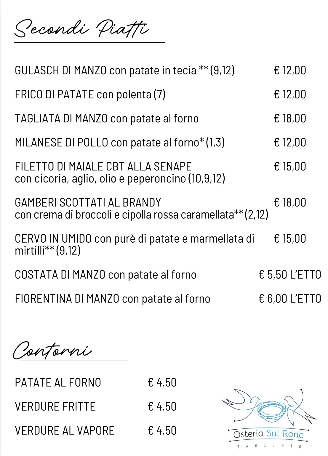Menù Hauptgerichte & Beilagen – Osteria Sul Ronc Tarcento
